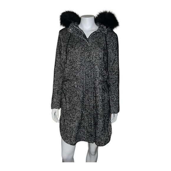 Calvin Klein Black White Wool Tweed Coat Faux Fur Trim Hood Large NWOT - Picture 1 of 8